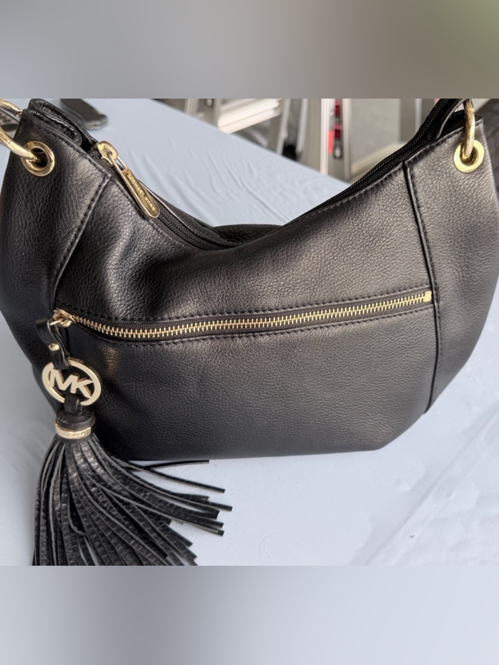 Michael Kors Classic Black Leather Shoulder Bag with Gold Hardware